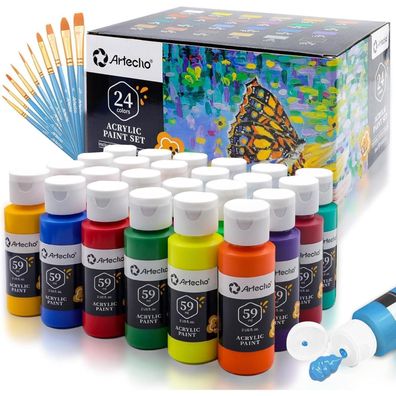 Artecho Acrylfarben Set 24 Farben 59ml + 10-teilige Pinsel Wasserfest