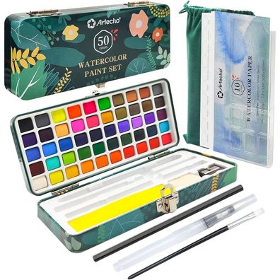 Aquarellfarben Set 50 Farben Portable Box Pinsel Aquarellpapier
