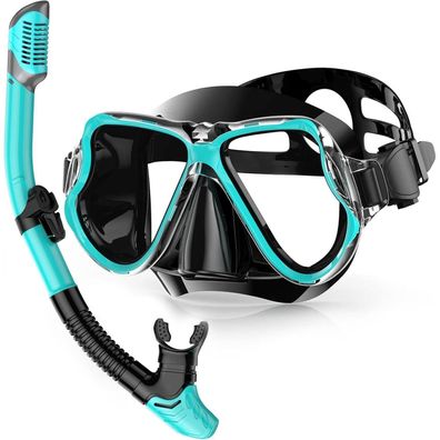 Schnorchelset Tauchmaske Anti-Fog Panorama Weitblick Schwarz Grün