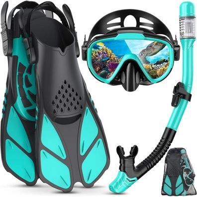 Lealinga Schnorchelset Erwachsene S/M Grün Flossen Brille Dry Schnorchel 3 in 1