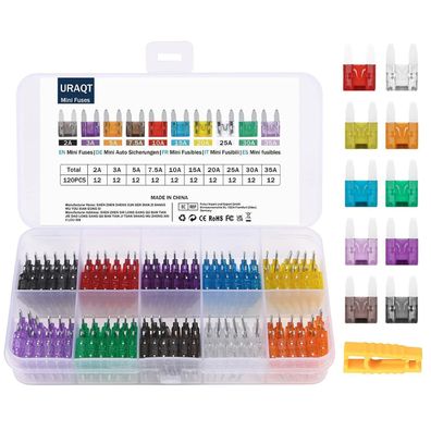 URAQT Mini Auto Sicherungen Set 120-teilig mit Aufbewahrungskoffer und Abzieher
