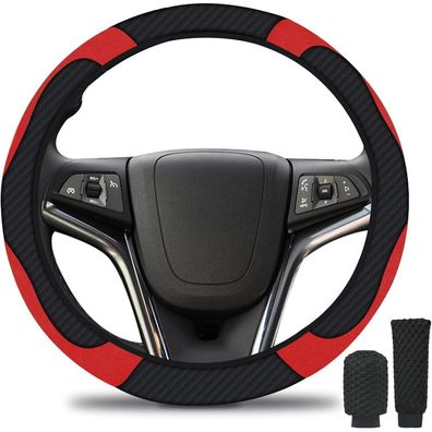 Lenkradabdeckung Handbremse Getriebe Set Echtes Leder 37-39cm Schwarz Rot