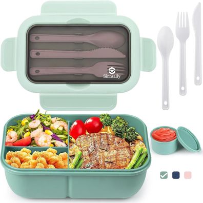 Brotdose Trennfächer 1250ml Lunchbox Kinder Erwachsene Besteck grün