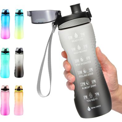 Sport Trinkflasche mit Zeitmarkierung, auslaufsicher, BPA frei, 750ml, Grau