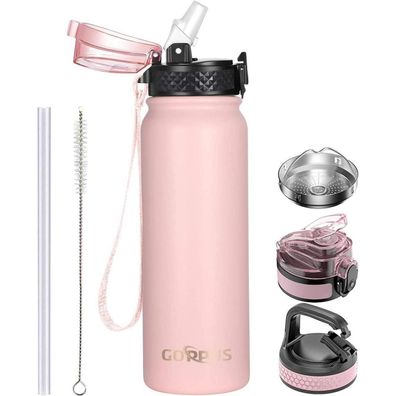 600ml Edelstahl Wasserflasche mit Strohhalm Thermoflasche Auslaufsicher