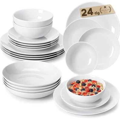 Malacasa Amelia 24-teiliges Porzellan Tafelservice Weißes Kombiservice