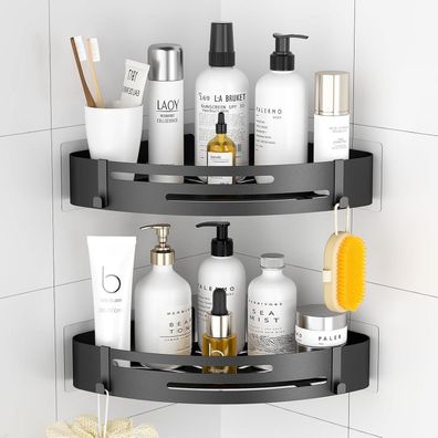Duschablage Schwarz Matt 2 Stück - Duschregal Badregal mit 4 Haken
