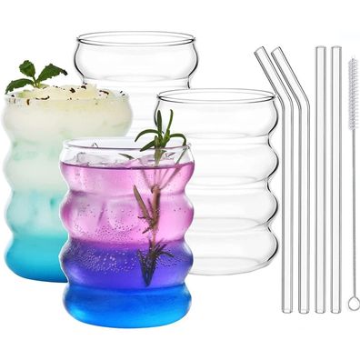 Gerippte Trinkgläser mit Glasstrohhalmen 4er Set 350ml Wave Gläser Tumbler