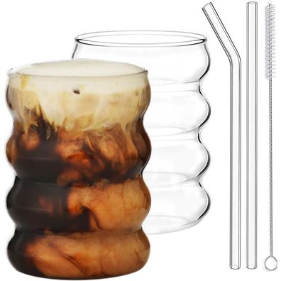 ALINK 350ml Gerippte Trinkgläser Set of 2 Glass Straws Wave Cocktail
