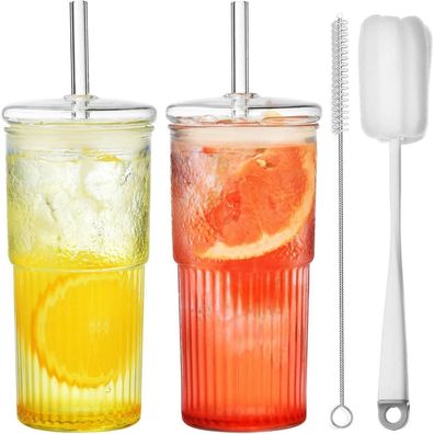 Bubble Tea Glasbecher 570ML mit Deckel Strohhalm 2er Pack Borosilikatglas