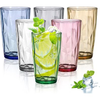 6er Set Große Trinkgläser 470 ml - Bunte Acrylbecher Kristallglas-Optik