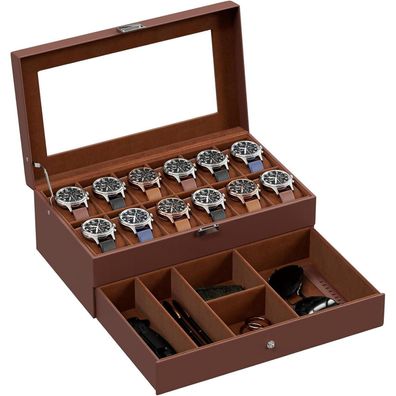 Uhrenbox für 12 Uhren-Glasdeckel 2 Ebenen Espresso Uhrenkoffer