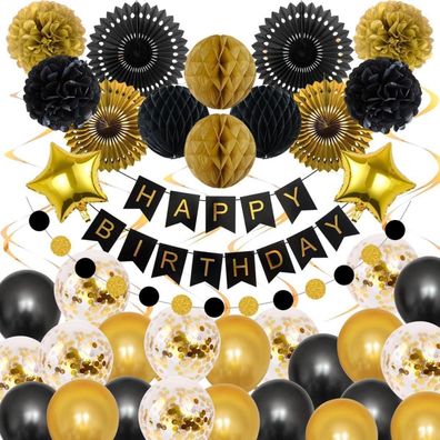 Schwarze Gold Geburtstagsdeko Luftballons Pompons Wabenbälle