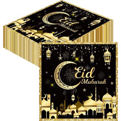 80 Eid Mubarak Servietten Schwarz Gold 33x33cm Ramadan Deko