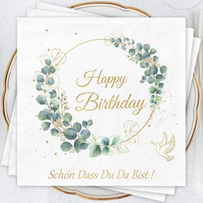 Geburtstags Servietten Happy Birthday Eucalyptus Grün 3-lagig 40 Stk