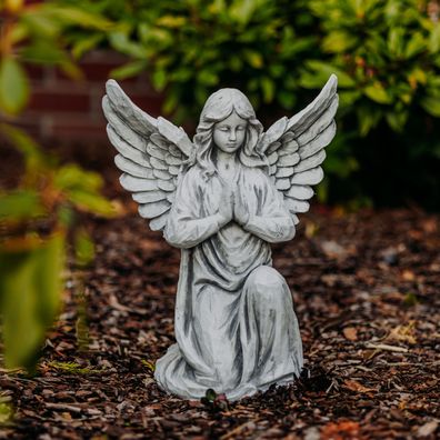 Garten Engel Steinfigur, Betend, 39 cm Höhe, Weißbeton, 10 kg, Grau, frostsicher