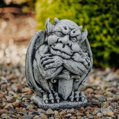 Gartenfigur Gargoyle mit Schwert, 33 cm Höhe, 17 kg, Grau, Steinfigur frostsicher