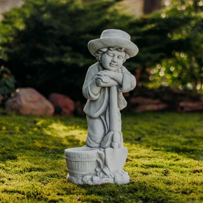 Gartenfigur Steinfigur Junge mit Spaten und Blumentopf, 68 cm Höhe, Grau, 36 kg