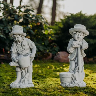 Gartenfiguren Steinfigur-Set mit Zwei Jungen-Figuren, 68 cm Höhe, Grau, 36 und 31 kg,