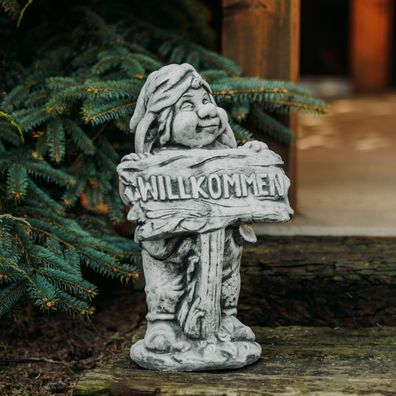 Steinfigur Gnom Wichtel Willkommen, 47 cm Höhe, Grau, 20 kg, frostsicher, Steinguss