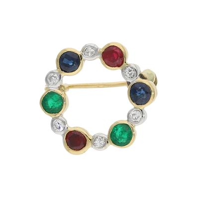 Kleine Goldbrosche 750 mit Diamant, Rubin, Saphir und Smaragd, wie neu 25324617 getra