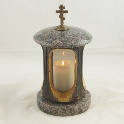 Runde Grablampe Messing mit orthodoxem Kreuz und Granit