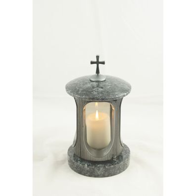 Runde Grablampe Alu mit Kreuz und Granit