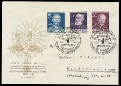 BERLIN 1952 Nr 92 + 96 + 99 BRIEF FDC X6E2D02