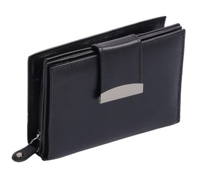 Damenreißverschlussbörse Leder, eckig mit Lasche, schwarz