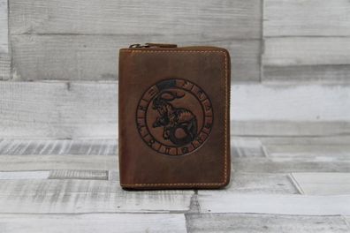 Vintage Sternzeichen Herren Geldbörse aus Leder mit Reißverschluss – Braune Geldbörse