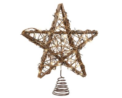 LED Christbaumspitze Stern mit Timer 30cm Rattan Braun / Warmweiß