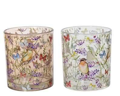 Teelichthalter Glas 9cm mit Blumenmotiv 1 Stück sortiert Transparent