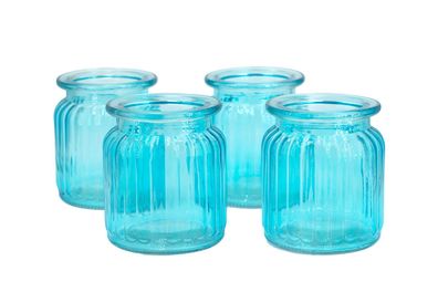 Windlicht Glas gerillt 8x9cm 4er Set türkis