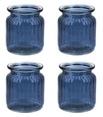 Windlicht Glas gerillt 8x9cm 4er Set dunkelblau