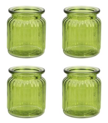 Windlicht Glas gerillt 8x9cm 4er Set grün