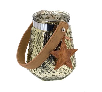 Windlicht Glas mit Henkel 13,5cm, Gold - Braun