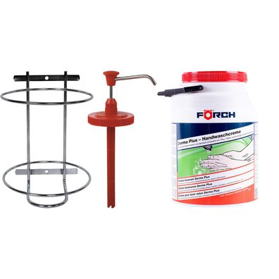 SET FOERCH Pumpspender MIT Wandhalterung + DERMA PLUS E Handwaschcreme 3 LTR