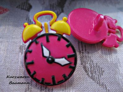 1Kunststoffkinderknopf Kunststoffkinderknöpfe Uhr pink 25x16x8mm Öse 3mm Nr 1077