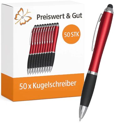50x Kugelschreiber Rot - Kuli mit Drehmechanismus & Touchspitze, blauschreibend