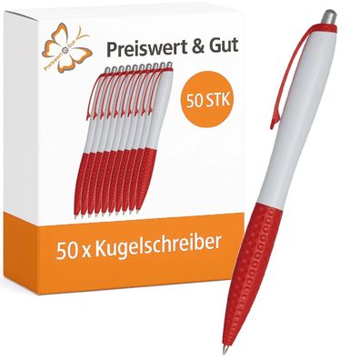 50x Kugelschreiber Weiß/Rot - Kuli Set mit Druckmechanismus, schwarzschreibend 14 cm