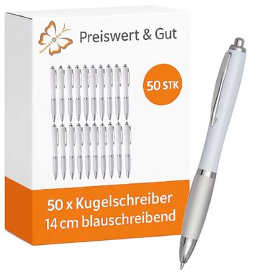 50x Kugelschreiber Weiß - Kuli Set mit Druckmechanismus & Großraummine blauschreibend