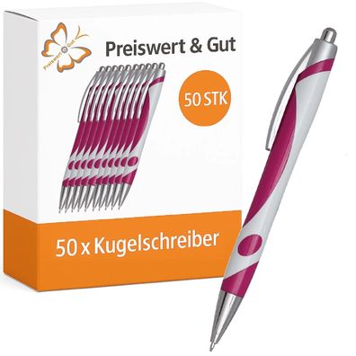 50x Kugelschreiber Dunkelmagenta/Weiß - Kuli Set mit Druckmechanismus, schwarzschreib