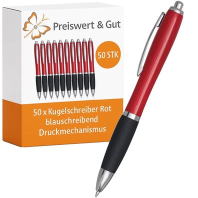 50x Kugelschreiber Rot - Kuli Set mit Druckmechanismus & Großraummine, blauschreibend
