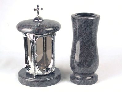 designgrab Runde Grablampe (verchromt) mit Kreuz & passender Granitvase – stilvolles