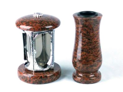 designgrab Runde Grablampe (verchromt) mit Rosette & passender Granitvase – stilvolle