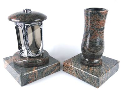 designgrab Runde Grablampe (verchromt) mit Rosette & Vase aus Granit im Set mit 2 Soc