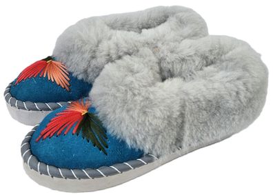 Lammfell Warme Hausschuhe Mokassin Gr.38 NEU, Schaffell/ -leder Handarbeit * BLAU*25