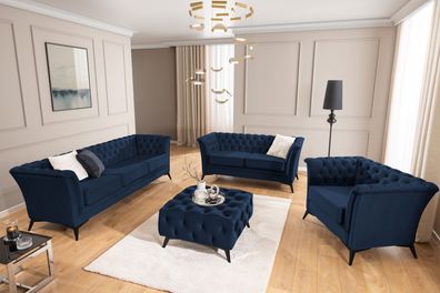 Whitby - Chesterfield Luxus Polstergarnitur 3 + 2 + 1 aus Samt mit schwarzen Füßen