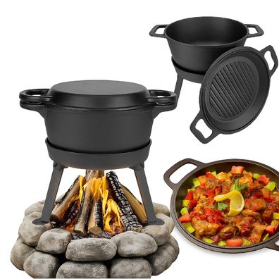 QLS Gusseisen Dutch Oven 10L 3in1 Feuertopf, Pfanne & Grill mit Deckel Outdoor 11401