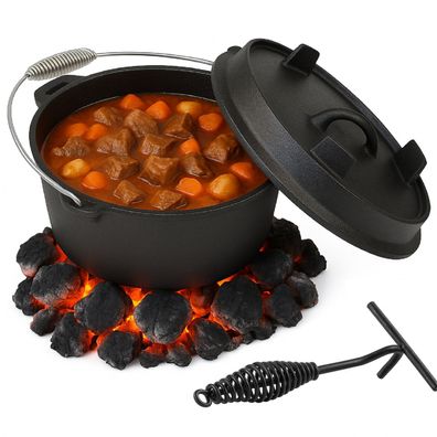QLS Gusseisen Feuertopf 6 Liter - Dutch Oven mit Deckelheber BBQ für Garten 11402